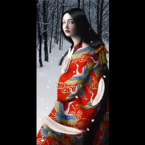 Chie Yoshii, Tsuru no Ongaeshi, Oil on wood panel, 24 x 12. 