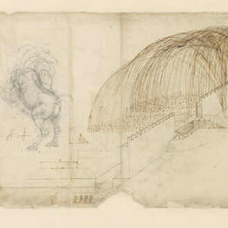 Leonardo da Vinci (1452-1519), Codice Atlantico (Codex Atlanticus), foglio 72 recto. A destra, studio di bombardamento con traiettoria per la caduta delle bombe oltre le mura di una fortezza; a sinistra, disegno preparatorio per la Battaglia di 