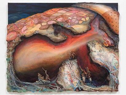 Kate Klingbeil. Fawn, 2023. Acrylic, pigment, vinyl paint, pumice, sand, shells, and rocks collected from Lake Michigan, ceramic, and oil stick on canvas, 49 x 62 x 2 1/2 inches (124.5 x 157.5 x 6.4 cm). Courtesy of Steve Turner