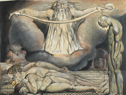 William Blake (1757–1827), The House of Death / The Lazar House, c. 1795, Colour printed monotype finished in black chalk, body colour, watercolour, point of brush, indian ink, heightened with white, 47.9 x 60.3 cm, © Fitzwilliam Museum, Cambridge