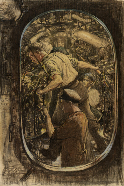 The Engine Room; Repairing a Diesel, HM Submarine by Francis Dodd RA, 1918, Crayon and pastel on paper © IWM (Art.IWM ART 930)