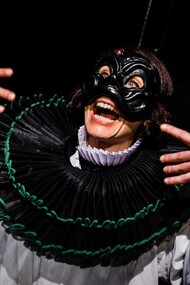 Arlecchino Mask from Commedia dell’Arte tradition utilised in the devised solo show Don’t You Dare! (2019) Photo by Riccardo Sai