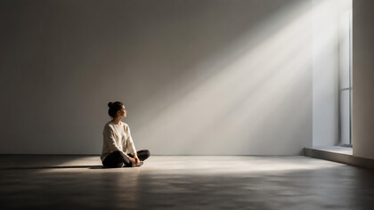 A solitary figure sits within a vast minimalist space, illuminated by a single beam of light that reflects the delicate balance between focus, perception, and the quiet spaces of the mind