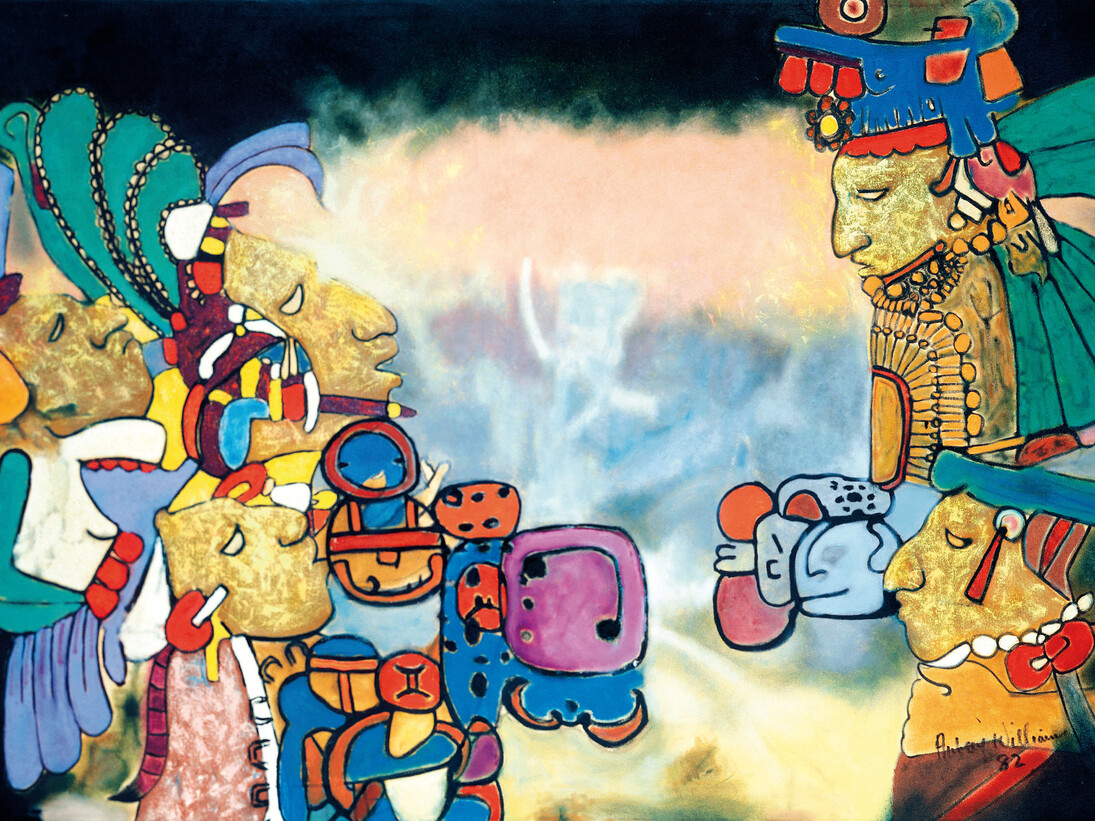 Aubrey Williams, Dawn & Evening Star (Olmec Maya series), 1982. Oil on canvas, 132 x 208 cm © Aubrey Williams Estate, Photo Jonathan Greet, Courtesy October Gallery London