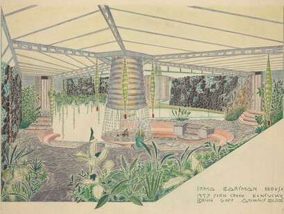 Bruce Goff, Irma Bartman house, Louisville, Kentucky, interior perspective [unbuilt] (detail), 1957. Courtesy of Art Institute of Chicago