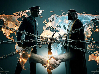 A fragile handshake over a fault line symbolizes the erosion of international law, as a chained and fractured globe reflects a world where diplomacy has given way to conflict and continuous surveillance