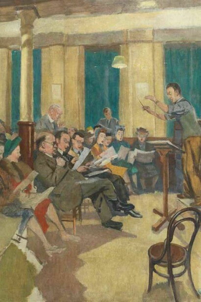 Harry Rutherford, 1903–1985, Manchester Choral Society Rehearsal, c 1940, oil on canvas, 71 x 61 cm, 28 x 24 in