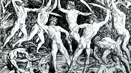 Antonio Pollaiolo, "La battaglia dei nudi" (1465-1470 ca), bulino. Prima opera nella storia dell'incisione ad essere firmata dall'artista che l'ha disegnata.