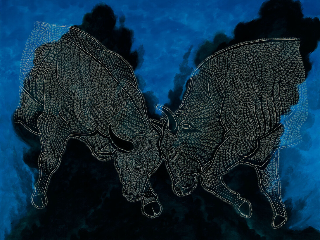 Ricky Armendariz, Zeus dreams of himself (remix),oil on carved plywood,48 x 70 inches, 2014