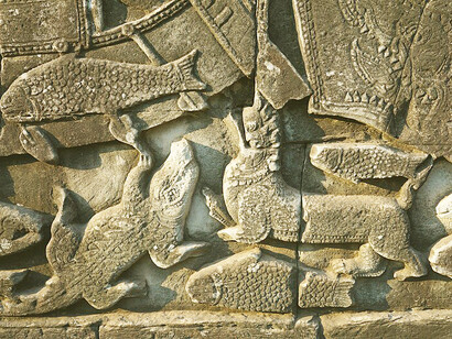 Base-relief sculpture of the "Battle of Devas and Asuras" at the Bayon Temple, Siem Reap, Cambodia