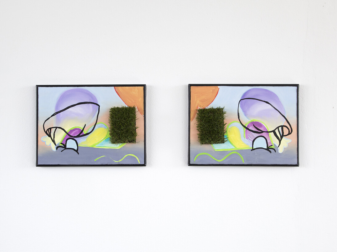 Kate Sansom, ‘Lipton Front Yard Pool’ (diptych), 2014, oil on canvas; synthetic grass, 41 x 31 cm each
