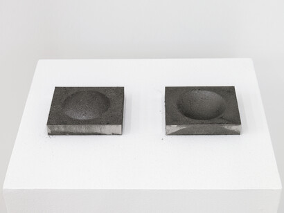 Rick Myers, Either side of the eye, 2010, Steel, lubricating flake graphite, In 2 parts: 3.5 x 4 x .75 inches each. Overall dimensions variable. Courtesy of the artist and Lisa Cooley, New York. Photography by Cary Whittier