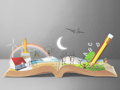 A story unfolding from an open book, enriched by illustrations and the endless imagination of human creativity