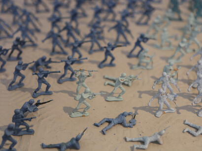 Detail of the installation *UN Blue Berets - SOS Save our Sanity*, 2014, by Joana Gomes at *Art stabs power: que se vayan todos!* at Bermondsey Project, London, curated by Inês Valle. Credit Nelson Santos, 2014 