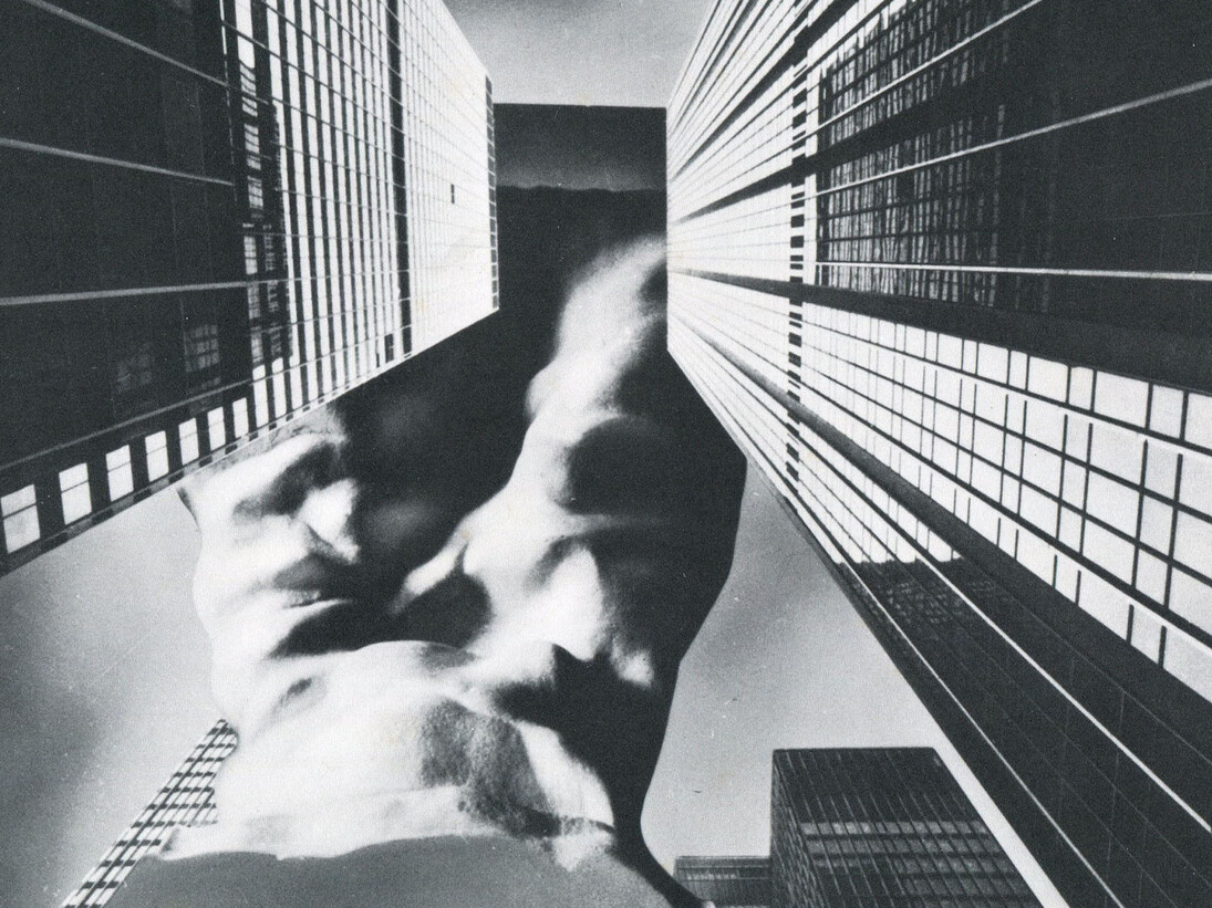 Francesco Somaini, Carnificazione di un'architettura: martirio. Grande edificio per servizi pubblici costituente immagine antropomorfica emergente, 1975-1976, fotomontaggio, 800 x 800 mm Archivio Francesco Somaini. Courtesy of La Triennale di Milano