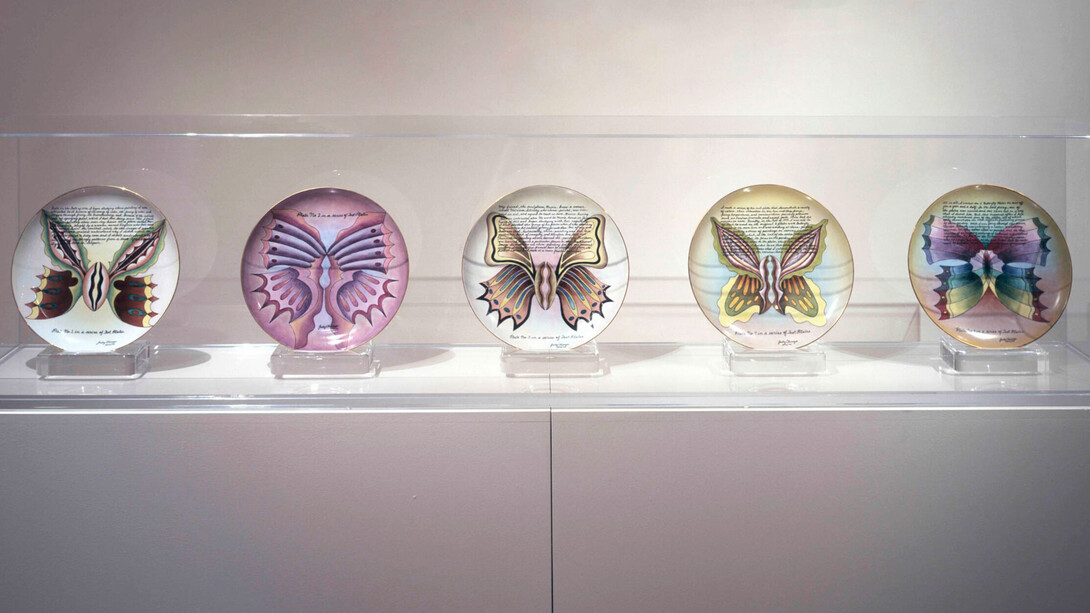 Judy Chicago, Butterfly Test Plates (Set of 5), 1973-1974. China paint on porcelain, Each plate, 12 1/2 inches / 31.8 cm. Courtesy of Jessica Silverman Gallery