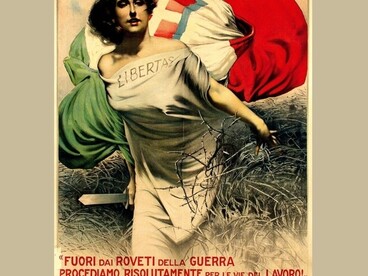 Più che un’obbligazione tradizionale, l’irredimibile rappresenta una rendita perpetua fondata sulla solidità economica e politica della comunità nazionale. Mario Borgoni, Prestito nazionale Fuori dai Roveti della Guerra, 1918. 140 x 100 cm. Richter & Co., Napoli, Italia