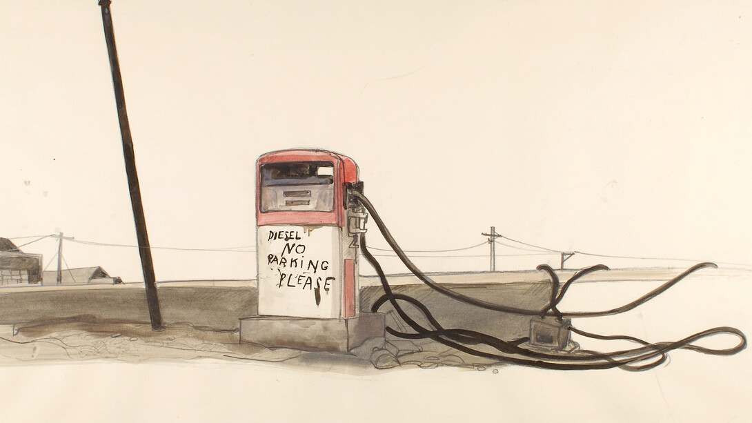 Tomi Ungerer, No Parking Please, 1971‐1983 (drawing for Slow Agony, first published 1983 at Diogenes Verlag AG, Zürich)
Black grease pencil, black ink and colored ink wash on paper, 23 3/5 x 35 inches (60 x 89 cm), Collection Musée Tomi Ungerer – Centre international de l’Illustration, Strasbourg. © Tomi Ungerer/ Diogenes Verlag AG Zürich. Musées de la Ville de Strasbourg / Mathieu Bertola