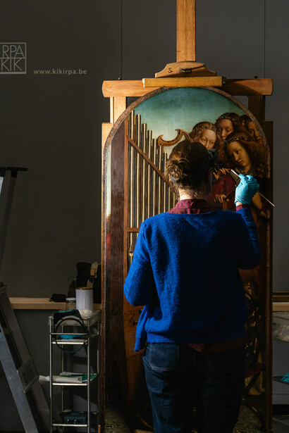 Restauration de l’Agneau mystique, vue d'exposition. Avec l'aimable autorisation du Musée des Beaux-Arts de Gand