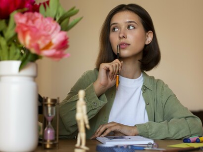 A woman lost in contemplation over blank pages, reflecting the personal refuge of unmonetized creativity