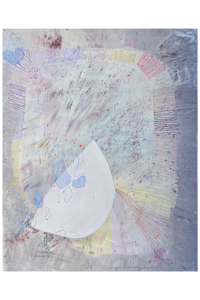 Kelsey Overstreet, To Believe in Magic,
acrylic, pigment, and embroidery, on raw canvas, 58x46 inches. Courtesy the artist and Gallery Lulo