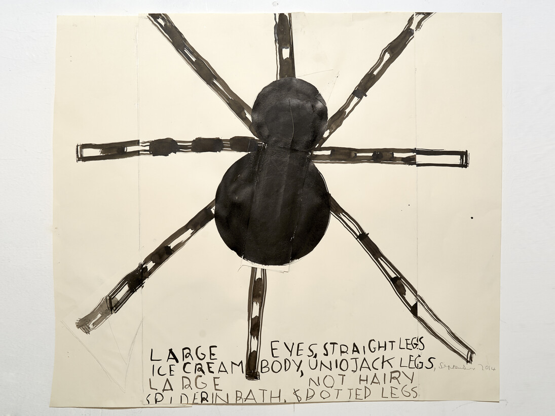 Rose Wylie, Spider (Union Jack), 2014, Ink and collage on paper, 33 x 38 in (83.8 x 96.5 cm). Courtesy of the Artist and Thomas Erben Gallery, New York