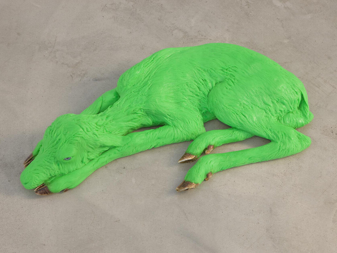 Carsten Höller, Reindeer, 2008 Green Biresin, blue glass eyes, horn 3 7/8 x 20 7/16 x 11 in. (10 x 52 x 28 cm) Courtesy Gagosian Gallery