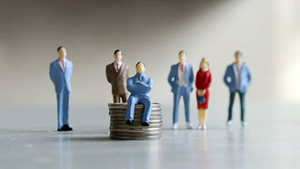 A man sits confidently atop a mound of coins, symbolizing his leadership, while a group of people stand behind him, portraying his influential role in matters of money and guidance