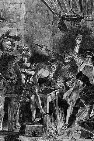 In the scene at Auerbach's tavern, Mephistopheles sits at the center, his legs crossed jauntily, a sword resting in his folded arms. He addresses a group of men, who are astonished by a fire burning on the floor and a stream of wine flowing from the table—both magical tricks he performs in their presence. Faust stands by his side, while various implements hang from a ceiling lamp. This scene dates back to 1827