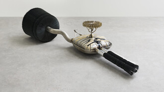 Keita Miyazaki, Black Tree, 2014, Aluminum bronze, paper, exhaust pipe, speaker system, enamel paint, 38 x 195 x 94 cm