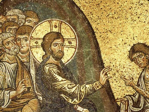 Jesús curando a un leproso, mosaico medieval de la catedral de Monreale (Sicilia), finales del siglo XII 