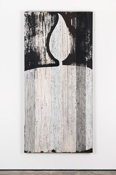 Gregor Hildebrandt, Weiße Kerze (Orpheus und Eurydike (Gluck)), 2015, cassette tape and acrylic paint on canvas, 211 x 103 cm