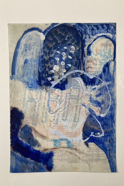 Blue Eyes, oil, correction fluid and embroidery transfer on paper, a4, 2021. Courtesy of Liminal Gallery 