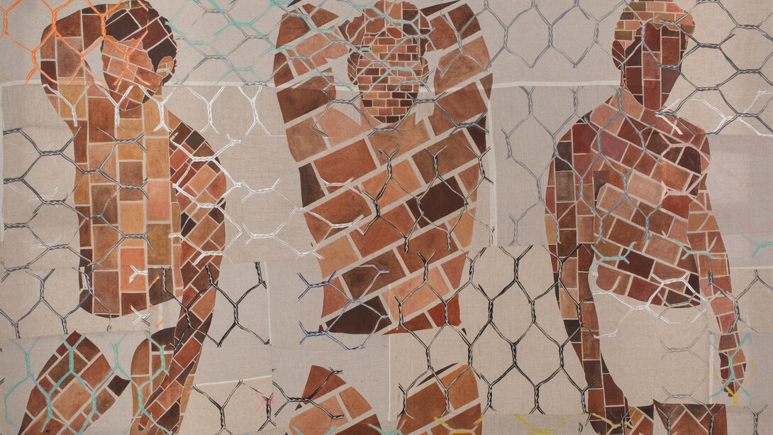 Caragh Thuring, Aggregate Man, 2015, screen printing ink, oil, charcoal on linen, 48 x 72 in. / 121.9 x 182.9 cm. Image courtesy the artist & Simon Preston Gallery, NY