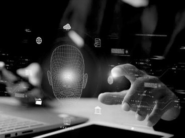 Facial tracking and recognition technology used in deepfake detection, shown alongside cybersecurity systems and secure password login