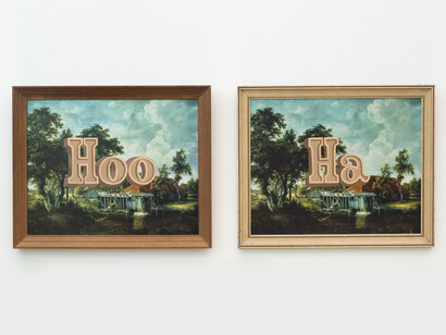 Wayne White, Hoo Ha, 2014, Acrylic on offset lithographs, 18.5 x 45 inches (18.5 x 22.5 inches each panel)