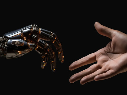 Ai robot hand close to human hand