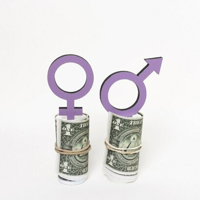 Gender symbols imprinted on currency, viewed from the front, representing gender equality and economic empowerment