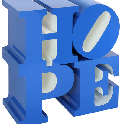 Robert Indiana, HOPE, Blue, White, 2009, Painted stainless steel, Edition of 9, 45 x 45,7 x 23 cm
