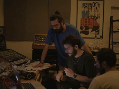 Mitch Abdo with producers at Basement Studio in Beirut, Lebanon