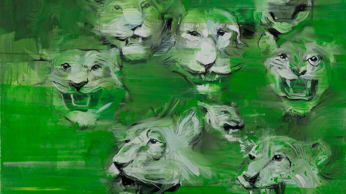 Radek Szlaga, Lions (Trophies 2), 2015, Huile sur toile © Galerie Laure Roynette - Radek Szlaga