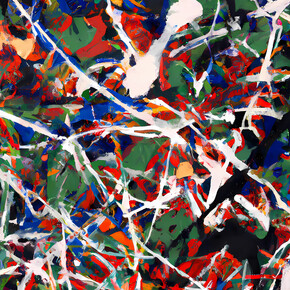 DALL·E, Action Painting in the Style of Jackson Pollock.png, 2023, digital file executed by DALL·E, upscaled by bigjpg.com AI Image Enlarger. Ink-jet prints printed with Epson P20000 printer using Epson Ultrachrome Pro inks on Epson Exhibition matte canvas, with NFT on OpenSea 40x40 inches. Edition of 1, plus 1 (MKB0040).
Courtesy of Specific Object / David Platzker and Susan Inglett Gallery, NYC