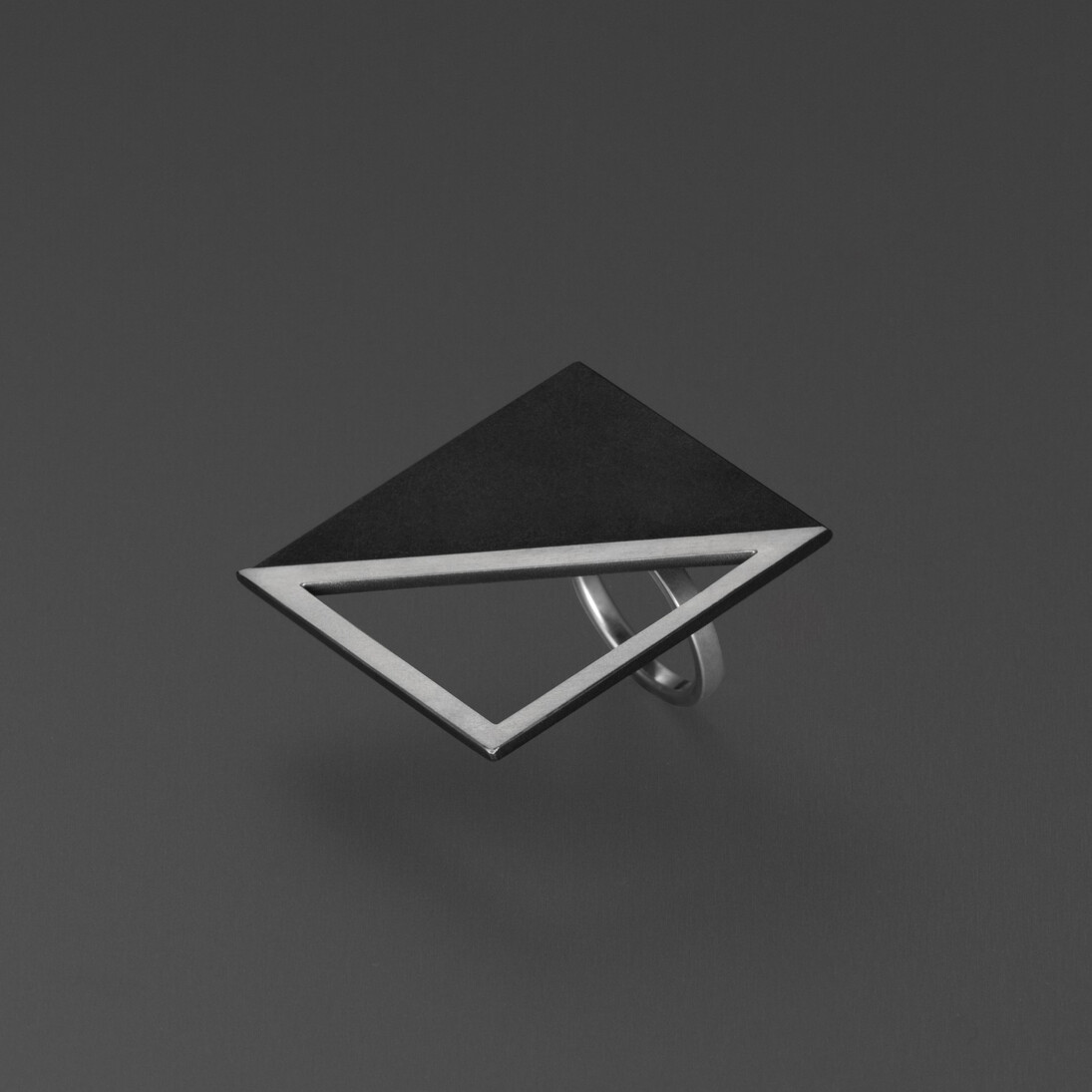 Bande des Quatres, “Harry Ring”, Sterling silver, oxidized sterling silver, Square composed of half oxidized and half scratched sterling silver. Band is matte sterling silver. Measures 1.5” across
