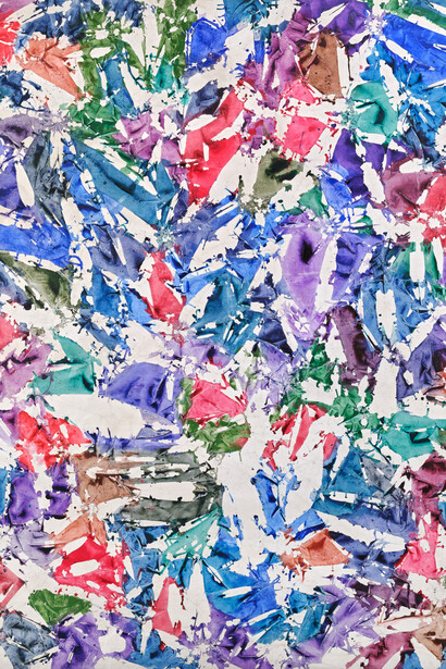 Simon Hantaï,
Sans titre (detail), 1983.
Acrylic on canvas,
100 3/8 x 84 15/16 inches (255 x 215.7 cm).
© Archives Simon Hantaï / Adagp, Paris, 2024.
Photo: Thomas Lannes.
Courtesy Gagosian