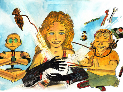 "Gertrude y sus ayudantes". Ilustración de Niccolò Pizzorno, tomada se la novela de cuentos de hadas: "Mammoy" de Patrizia Boi