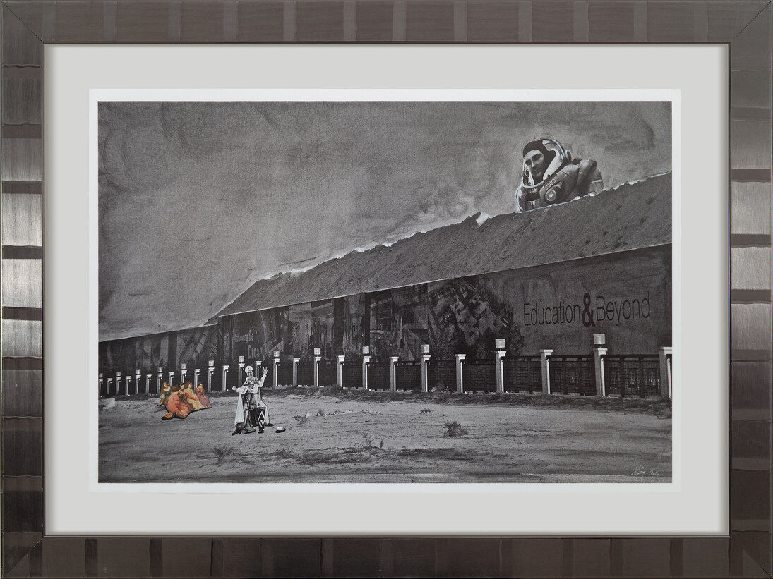 Shurooq Amin, Education and Beyond, 2014, Mixed media on paper in glass & stainless steel frame, 101 x 135 cm