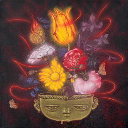 Alex Face, Heat Seeker, no. 1, 2023, acrylic, spray, oil on linen 80x80 cm, © 2023 Alex Face. Courtesy the artist, Bangkok CityCity Gallery and Dorothy Circus Gallery