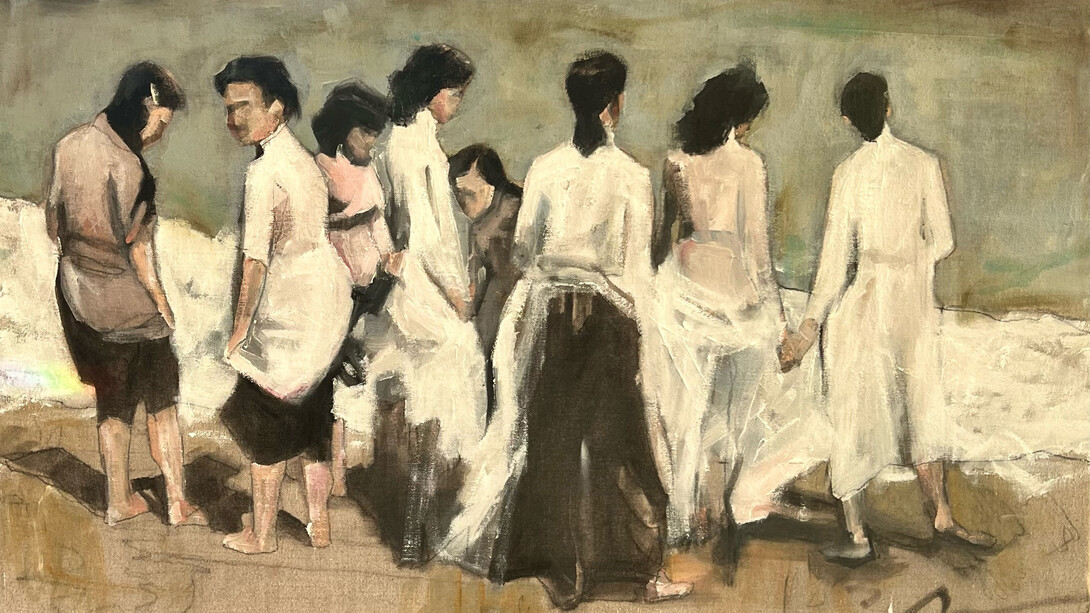 Ruth Shively, Women On The Beach (detail) (2024), Oil And Charcoal On Linen, 18 x 24 Inches. Courtesy of the artist and Susan Eley Fine Art