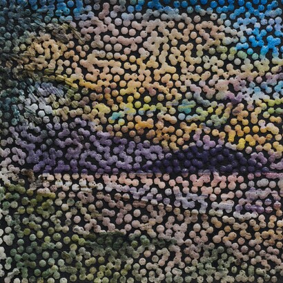 Daniel Boyd, Untitled (TALTIHHASFATS) (detail), 2023. Oil, watercolor, gouache, and archival glue on paper mounted to linen. 7 1/2 x 19 in. / 19 x 48.2 cm. Courtesy of the artist and Marian Goodman Gallery