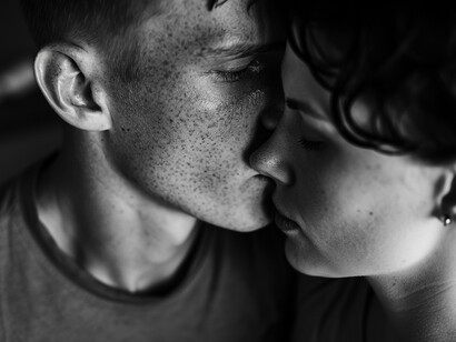 A tender exchange between a couple, representing the courage it takes to show real feelings today